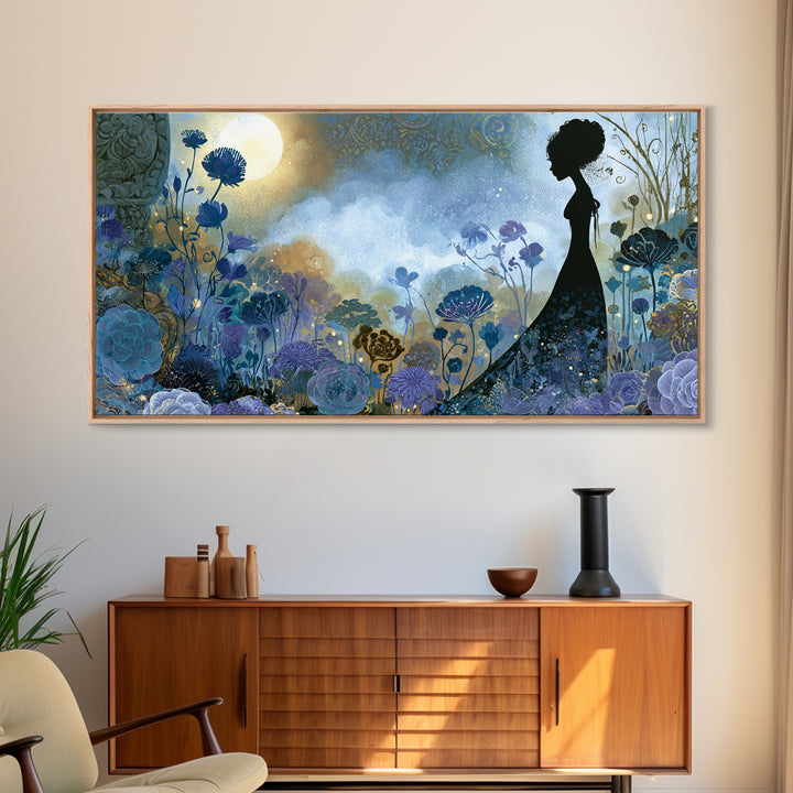 Princess Silhouette with Moonlit Garden Flowers Canvas Print, Fairy Tale Art, Art Nouveau, Living Room Decor, Storybook, FTA-2x1-72
