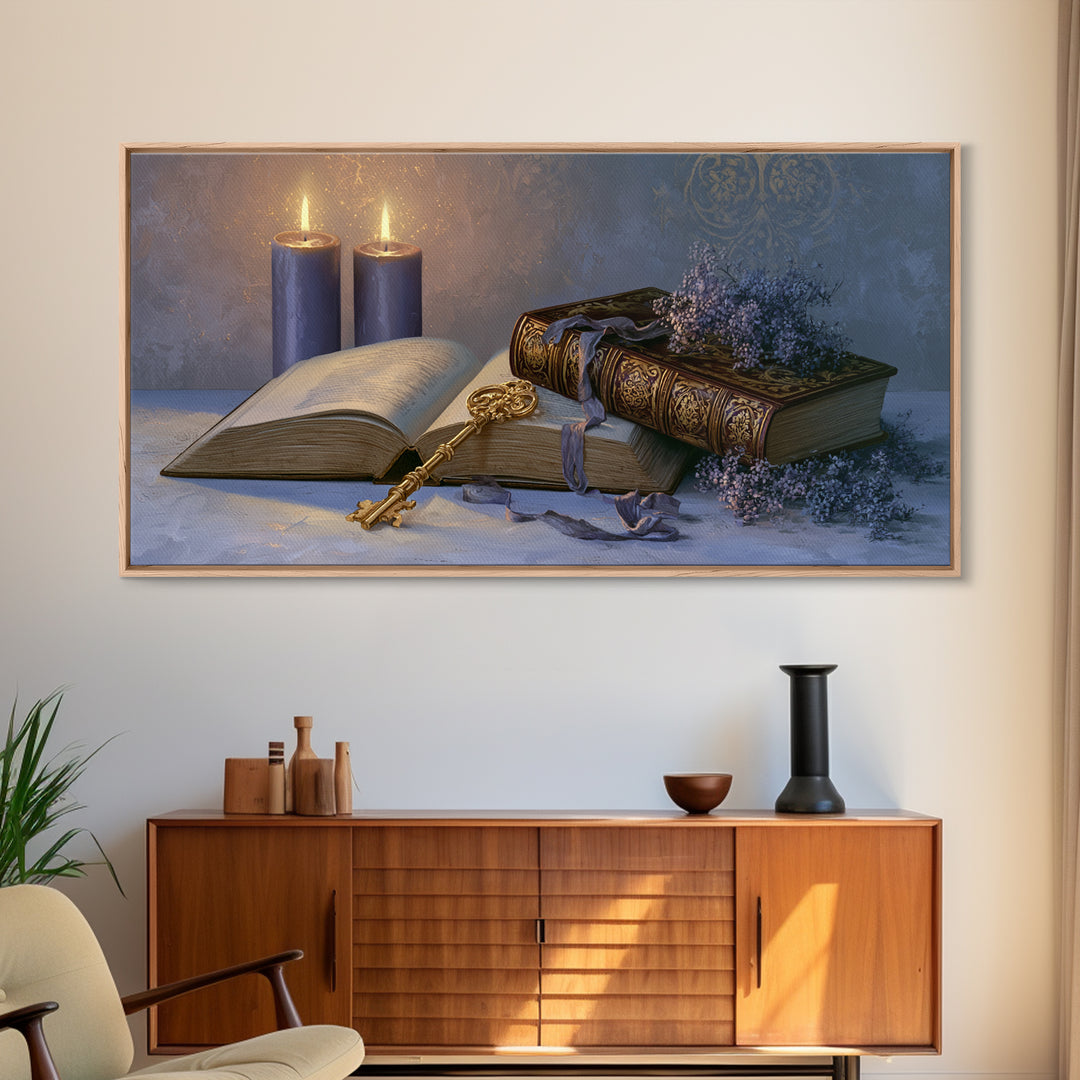 Golden Key and Enchanted Book Still Life Canvas Print, Fairy Tale Art, Boho Wall Art, Living Room Decor, Oil Painting, FTA-2x1-77