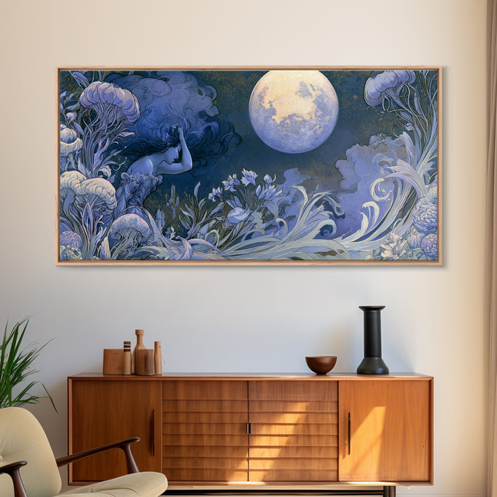 Mermaid Combing Hair Beneath a Pearl Moon Canvas Print, Fairy Tale Art, Luxury Decor, Living Room Decor, Storybook, FTA-2x1-8