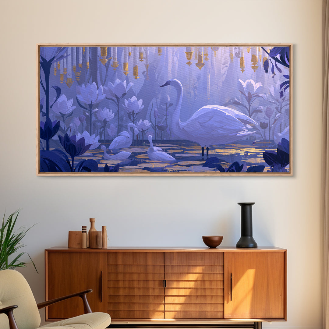White Swan Transformation Scene Framed Canvas Print, Fairy Tale Art, Painting, Living Room Decor, Fine Art, Storybook, FTA-2x1-83
