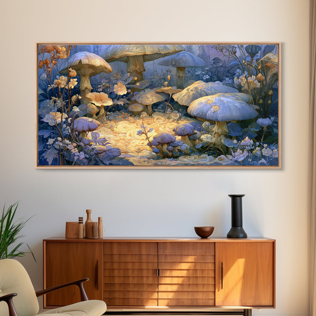 Fairy Ring of Mushrooms and Wildflowers Canvas Print, Fairy Tale Art, Nursery Art, Living Room Decor, Oil Painting, Storybook, FTA-2x1-89