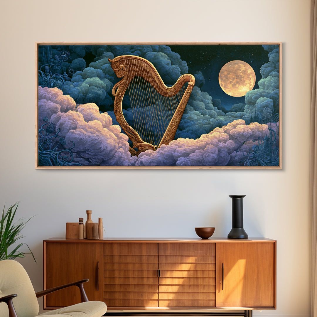 Golden Harp in a Cloud Kingdom Framed Canvas Print, Fairy Tale Art, Art Deco, Living Room Decor, Oil Painting, Storybook, FTA-2x1-90
