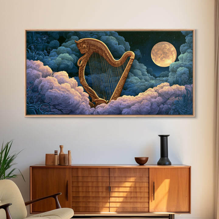 Golden Harp in a Cloud Kingdom Framed Canvas Print, Fairy Tale Art, Art Deco, Living Room Decor, Oil Painting, Storybook, FTA-2x1-90