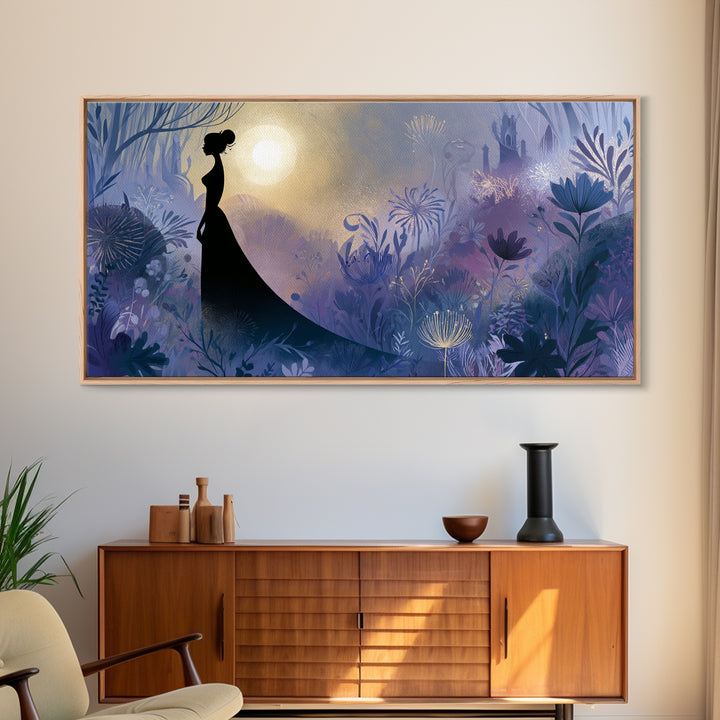 Princess Silhouette with Moonlit Garden Flowers Canvas Print, Fairy Tale Art, Princess Wall Art, Living Room Decor, Storybook, FTA-2x1-96