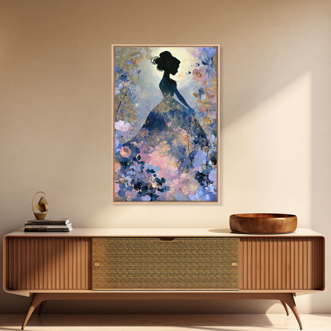 Princess Silhouette with Moonlit Garden Flowers Framed Canvas Print, Fairy Tale Art, Art Deco, Living Room Decor, Storybook, FTA-2x3-12