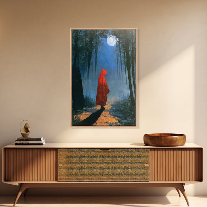 Red Cloak Figure Walking Through Dark Woods Canvas Print, Fairy Tale Art, Gallery Decor, Living Room Decor, Fine Art, Storybook, FTA-2x3-16