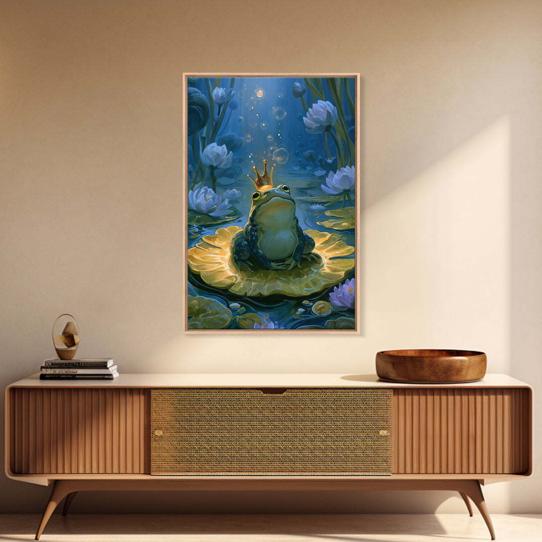 Frog Prince on a Lily Pad Framed Canvas Print, Fairy Tale Art, Contemporary Art, Living Room Decor, Fine Art, Storybook, FTA-2x3-19