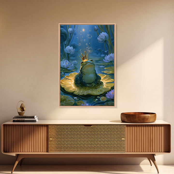 Frog Prince on a Lily Pad Framed Canvas Print, Fairy Tale Art, Contemporary Art, Living Room Decor, Fine Art, Storybook, FTA-2x3-19