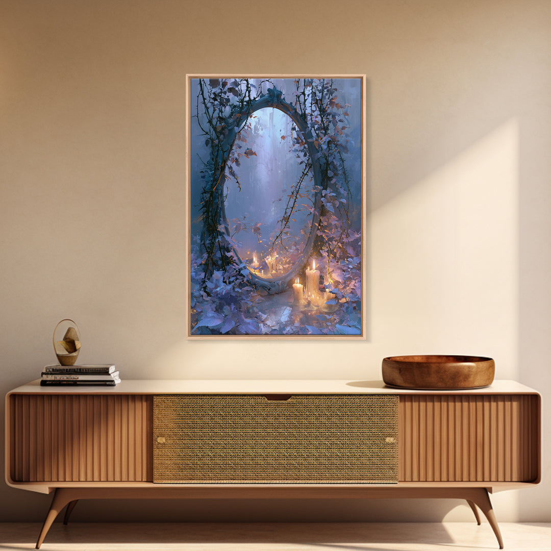 Magic Mirror Framed by Vines and Thorns Framed Canvas Print, Fairy Tale Art, Art Deco, Living Room Decor, Oil Painting, FTA-2x3-21