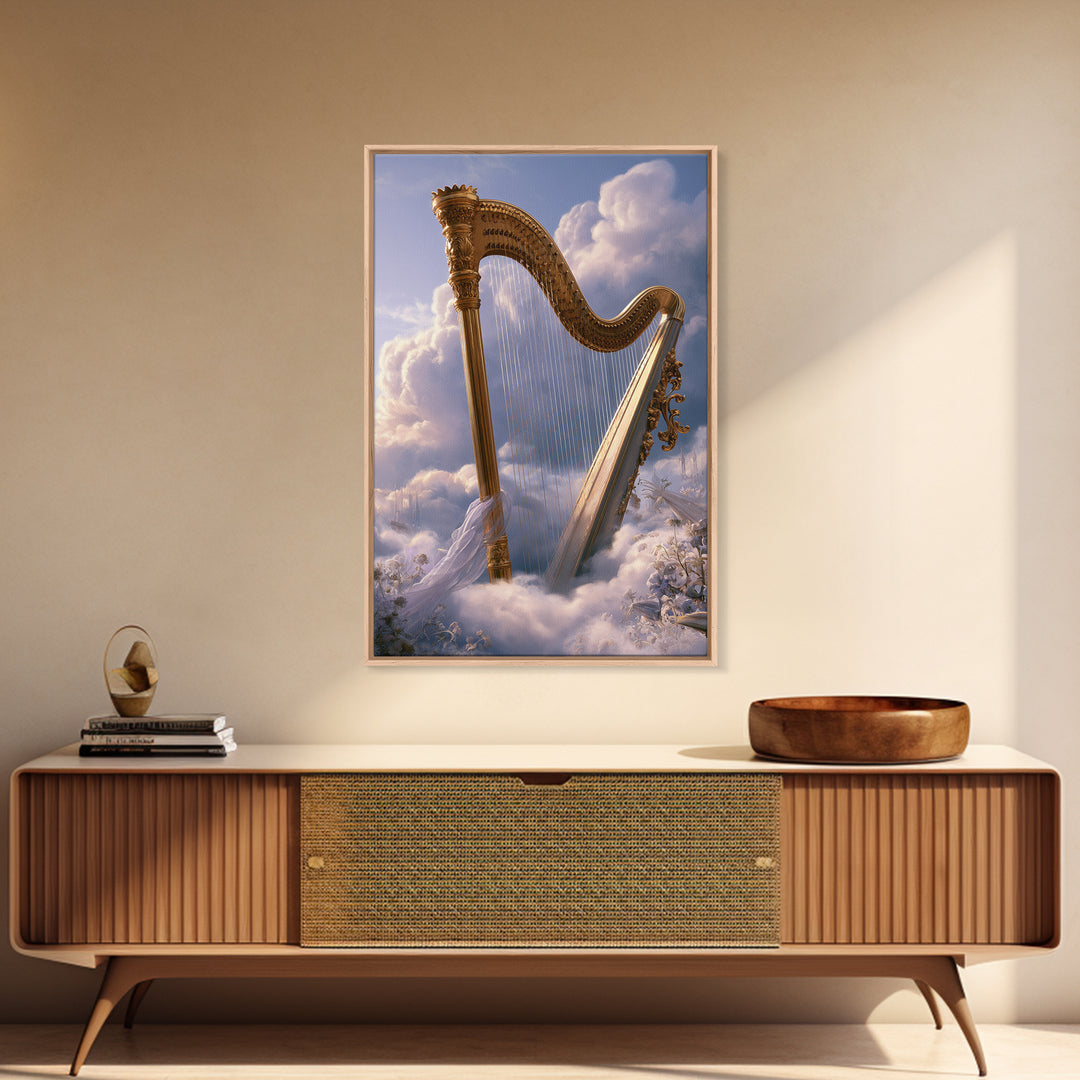 Golden Harp in a Cloud Kingdom Framed Canvas Print, Fairy Tale Art, Minimalist Decor, Living Room Decor, Fine Art, Storybook, FTA-2x3-30