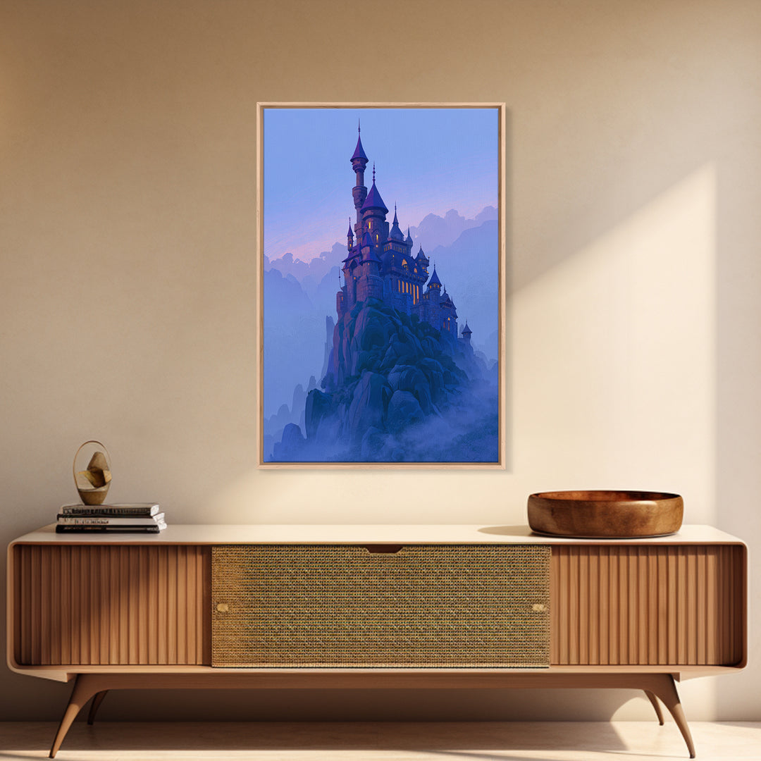 Storybook Castle on a Misty Hill Framed Canvas Print, Fairy Tale Art, Art Print, Living Room Decor, Fine Art, Storybook, FTA-2x3-34