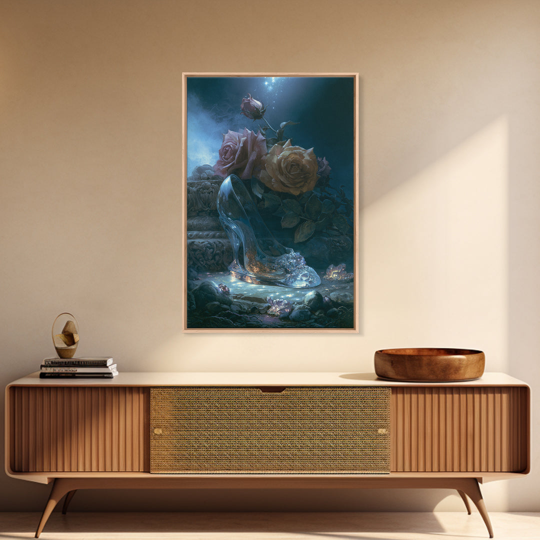 Glass Slipper Still Life Framed Canvas Print, Fairy Tale Art, Printable Wall Art, Living Room Decor, Fine Art, Storybook, FTA-2x3-38