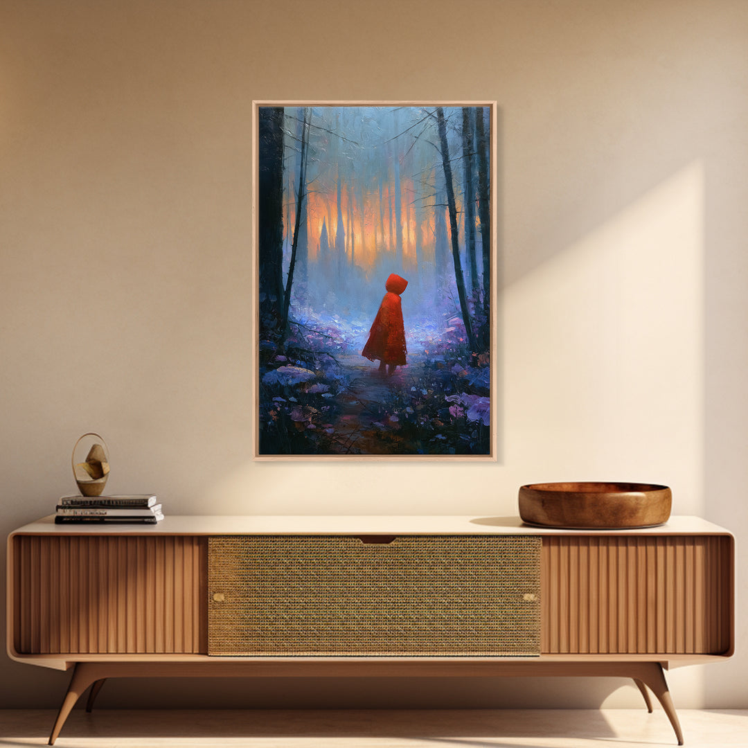 Red Cloak Figure Walking Through Dark Woods Canvas Print, Fairy Tale Art, Contemporary Art, Living Room Decor, Storybook, FTA-2x3-40
