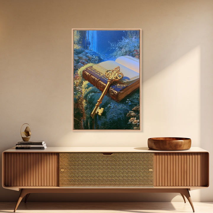 Golden Key and Enchanted Book Still Life Framed Canvas Print, Fairy Tale Art, Abstract Art, Living Room Decor, Storybook, FTA-2x3-41