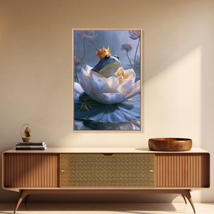 Frog Prince on a Lily Pad Framed Canvas Print, Fairy Tale Art, Canvas Wall Art, Living Room Decor, Fine Art, Storybook, FTA-2x3-43