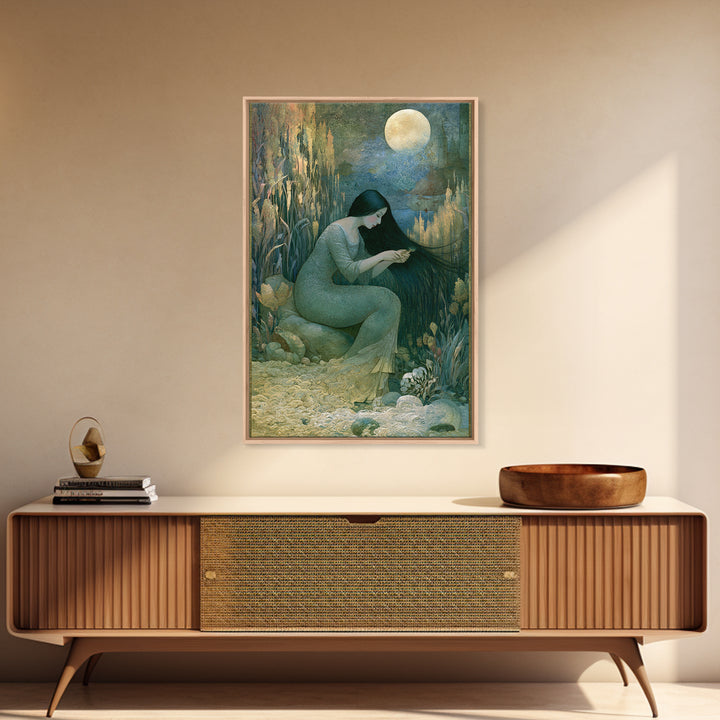 Mermaid Combing Hair Beneath a Pearl Moon Canvas Print, Fairy Tale Art, Luxury Decor, Living Room Decor, Storybook, FTA-2x3-44