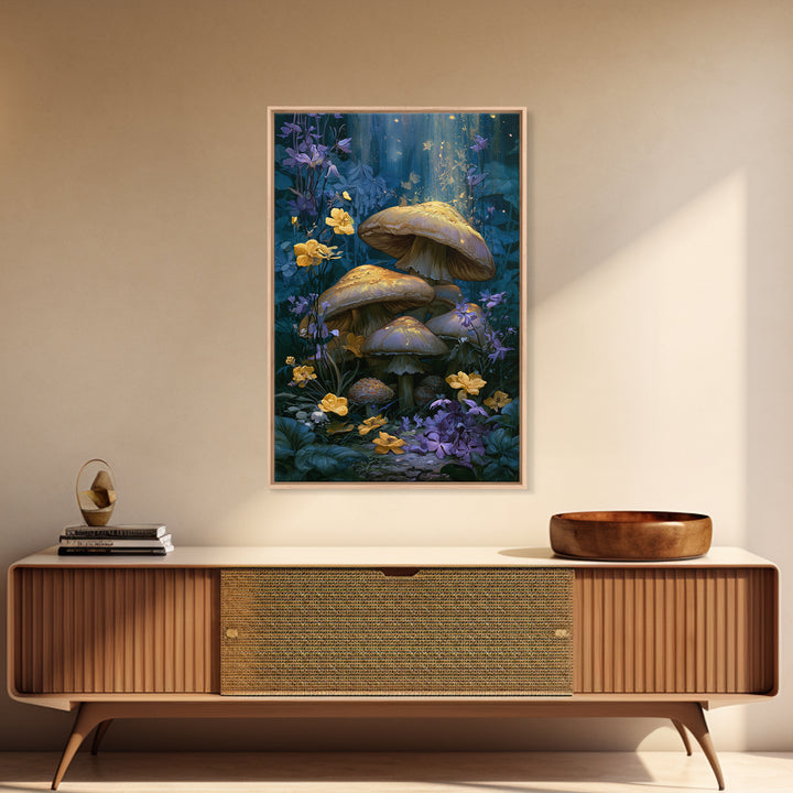 Fairy Ring of Mushrooms and Wildflowers Framed Canvas Print, Fairy Tale Art, Boho Wall Art, Living Room Decor, Watercolor Art, FTA-2x3-53