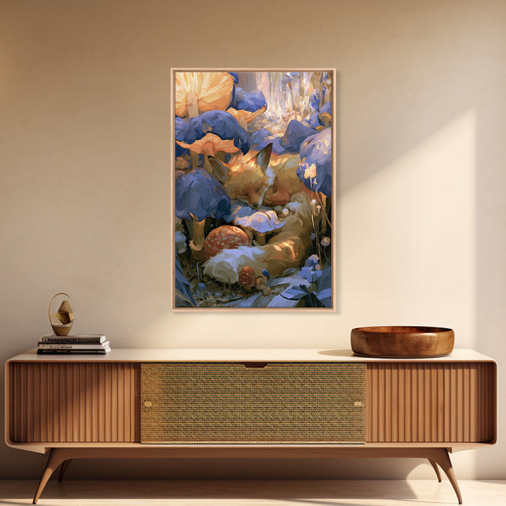 Sleeping Fox Beside a Magical Mushroom Ring Canvas Print, Fairy Tale Art, Boho Wall Art, Living Room Decor, Storybook, FTA-2x3-59