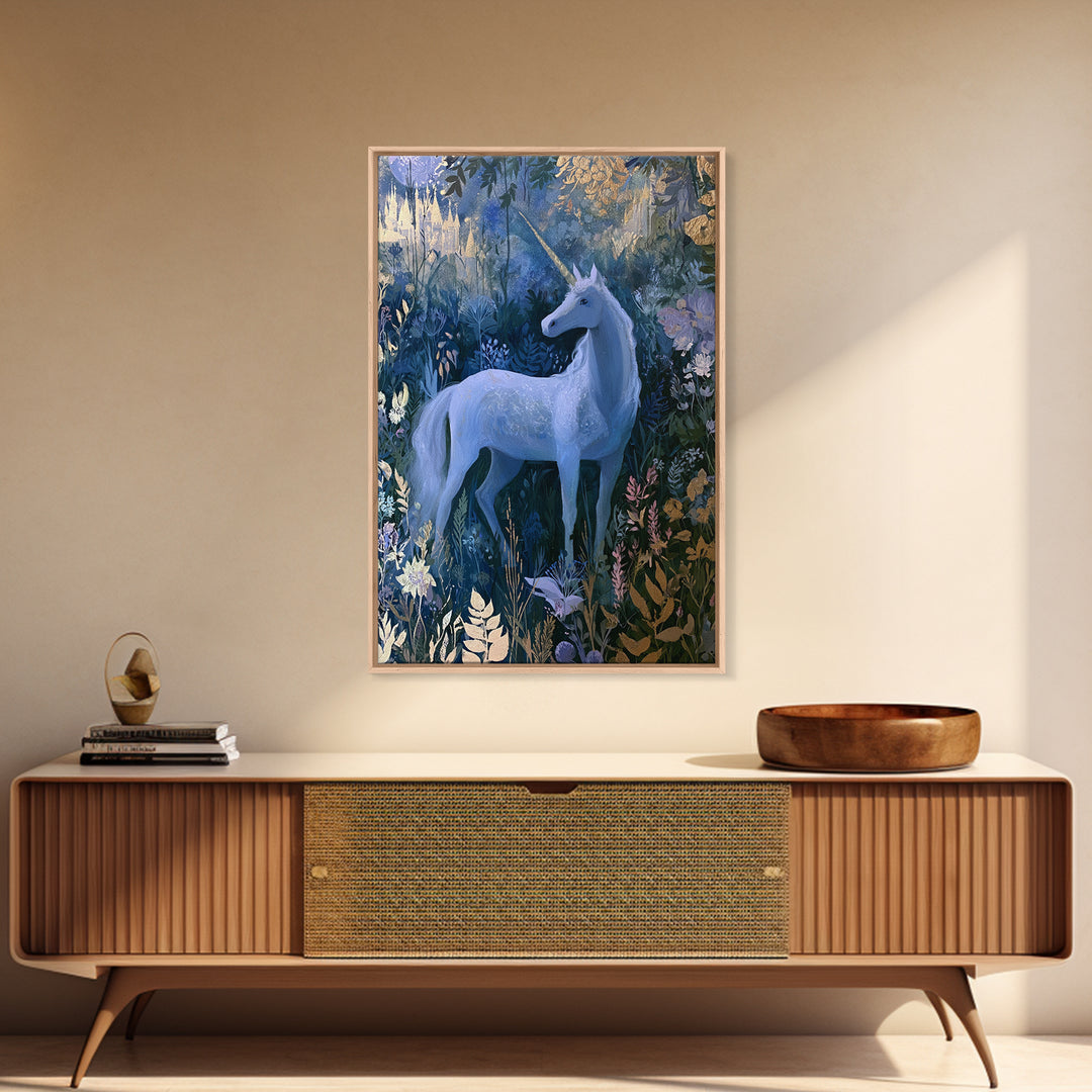 Unicorn in a Moonlit Meadow Canvas Print, Fairy Tale Art, Art Deco, Living Room Decor, Fine Art, Storybook, Whimsical Art, FTA-2x3-66