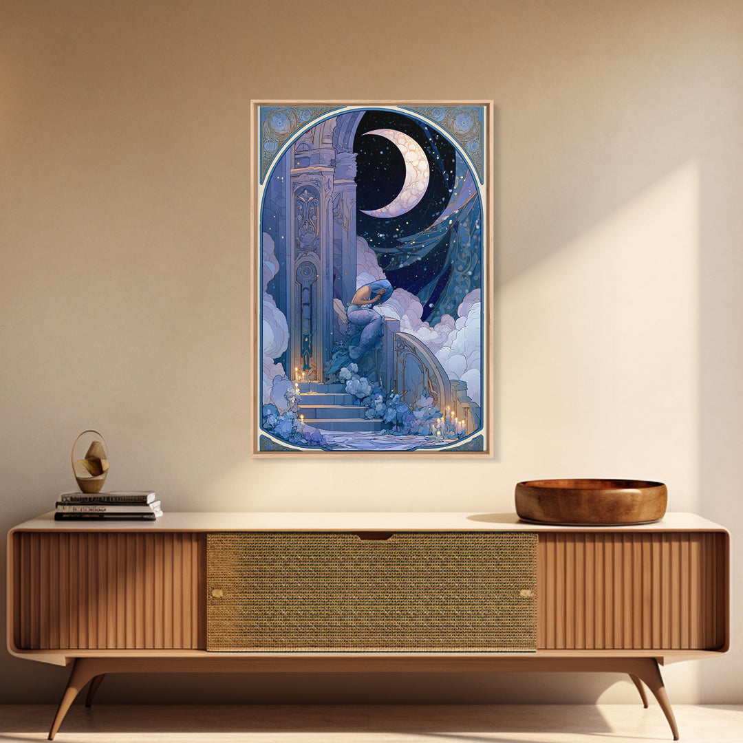 Mermaid Combing Hair Beneath a Pearl Moon Framed Canvas Print, Fairy Tale Art, Nursery Art, Living Room Decor, Storybook, FTA-2x3-68