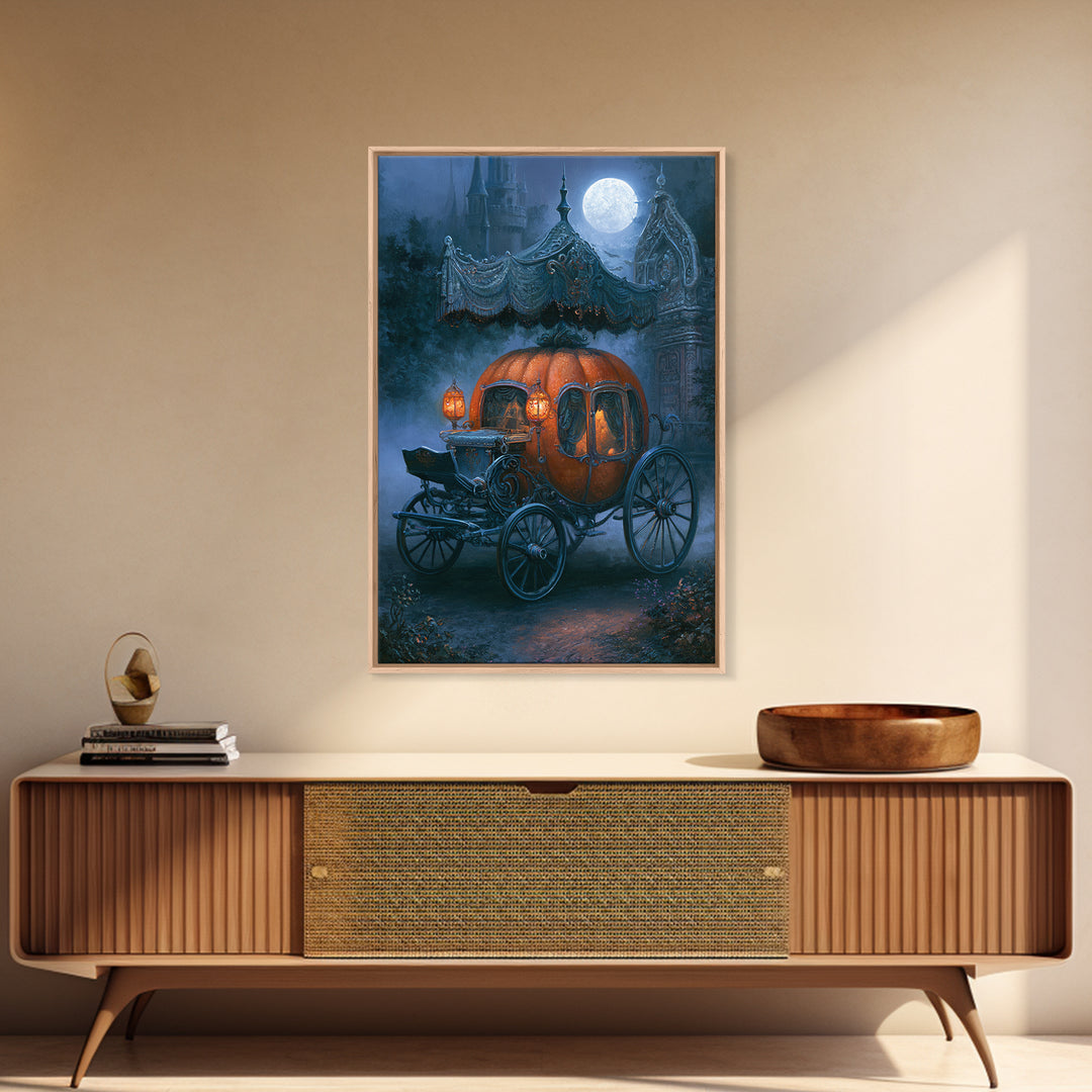 Pumpkin Carriage under Midnight Sky Canvas Print, Fairy Tale Art, Art Deco, Living Room Decor, Oil Painting, Storybook, FTA-2x3-72