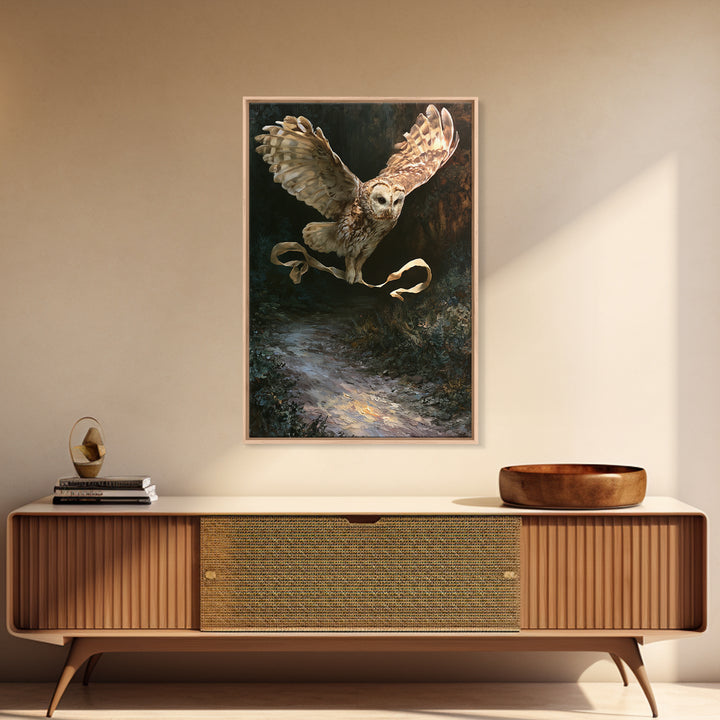 Owl Messenger Carrying a Tiny Ribbon Framed Canvas Print, Fairy Tale Art, Whimsical Art, Living Room Decor, Fine Art, Storybook, FTA-2x3-73