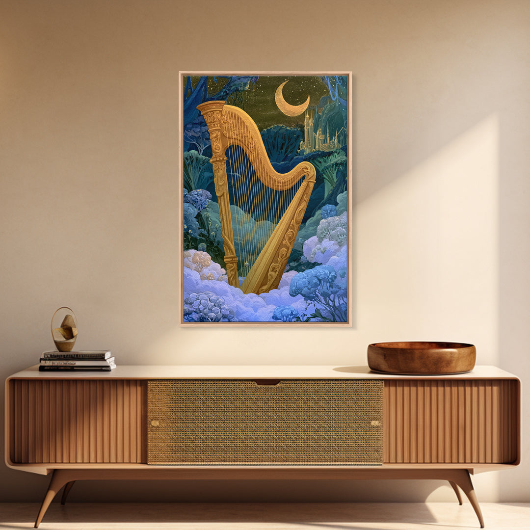 Golden Harp in a Cloud Kingdom Framed Canvas Print, Fairy Tale Art, Art Nouveau, Living Room Decor, Fine Art, Storybook, FTA-2x3-78