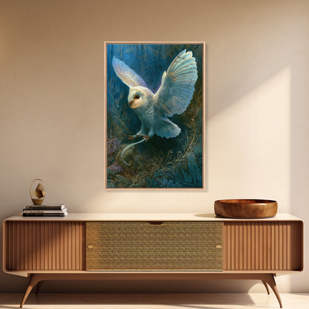 Owl Messenger Carrying a Tiny Ribbon Framed Canvas Print, Fairy Tale Art, Whimsical Art, Living Room Decor, Fine Art, Storybook, FTA-2x3-97