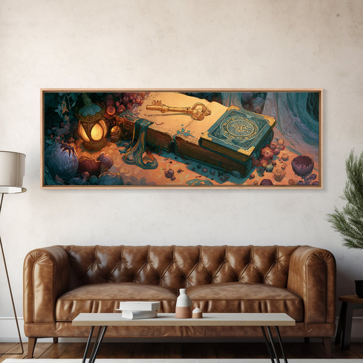 Golden Key and Enchanted Book Still Life Framed Canvas Print, Fairy Tale Art, Folk Art, Living Room Decor, Fine Art, Storybook, FTA-3x1-1