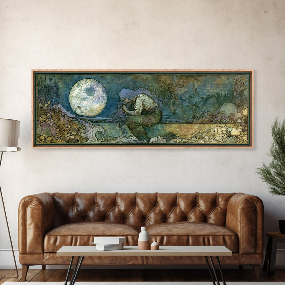 Mermaid Combing Hair Beneath a Pearl Moon Canvas Print, Fairy Tale Art, Living Room Decor, Abstract Art, Storybook, FTA-3x1-100