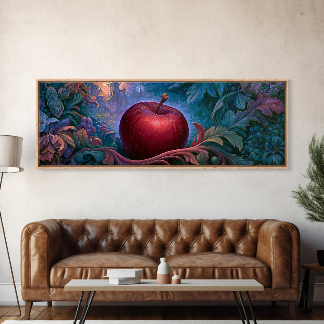 Enchanted Apple with Deep Red Shine Framed Canvas Print, Fairy Tale Art, Whimsical Wall Art, Living Room Decor, Storybook, FTA-3x1-12