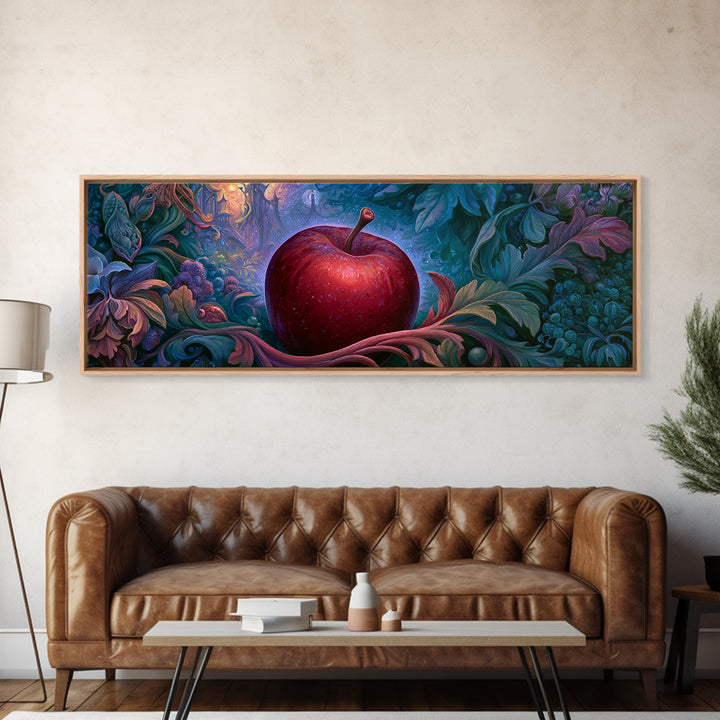 Enchanted Apple with Deep Red Shine Framed Canvas Print, Fairy Tale Art, Whimsical Wall Art, Living Room Decor, Storybook, FTA-3x1-12