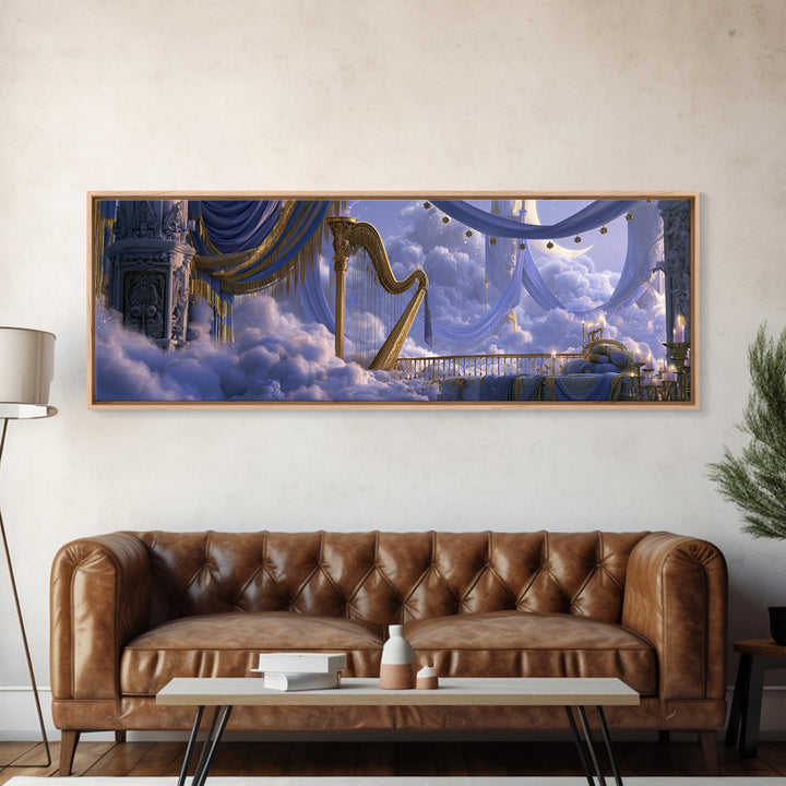 Golden Harp in a Cloud Kingdom Canvas Print, Fairy Tale Art, Modern Decor, Living Room Decor, Fine Art, Storybook, Wall Decor, FTA-3x1-14