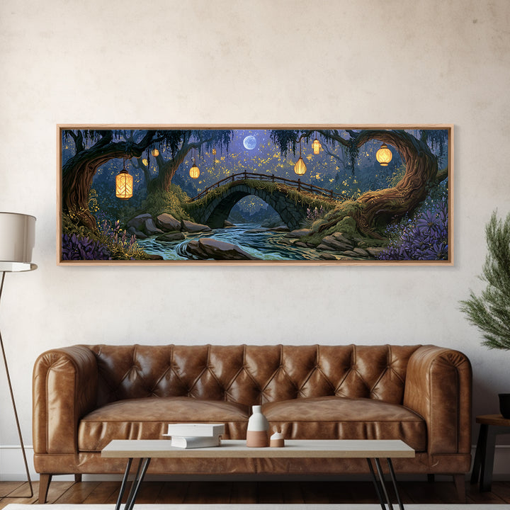 Lantern Lit Bridge Framed Canvas Print, Fairy Tale Art, Gallery Decor, Living Room Decor, Fine Art, Storybook, Wall Art, FTA-3x1-15
