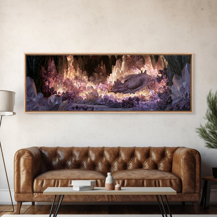 Sleeping Dragon in a Cave of Crystals Canvas Print, Fairy Tale Art, Folk Art, Living Room Decor, Fine Art, Storybook, FTA-3x1-16