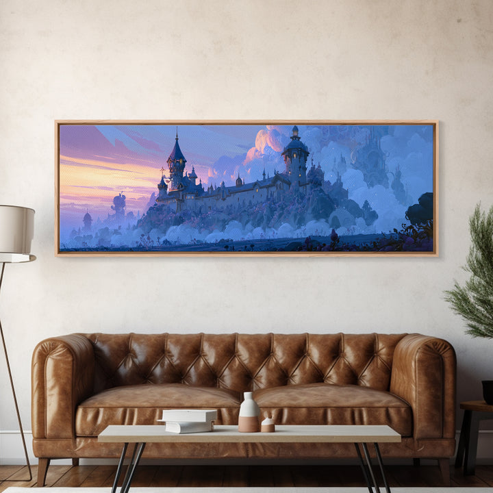 Storybook Castle on a Misty Hill Framed Canvas Print, Fairy Tale Art, Whimsical Decor, Living Room Decor, Fine Art, Storybook, FTA-3x1-18