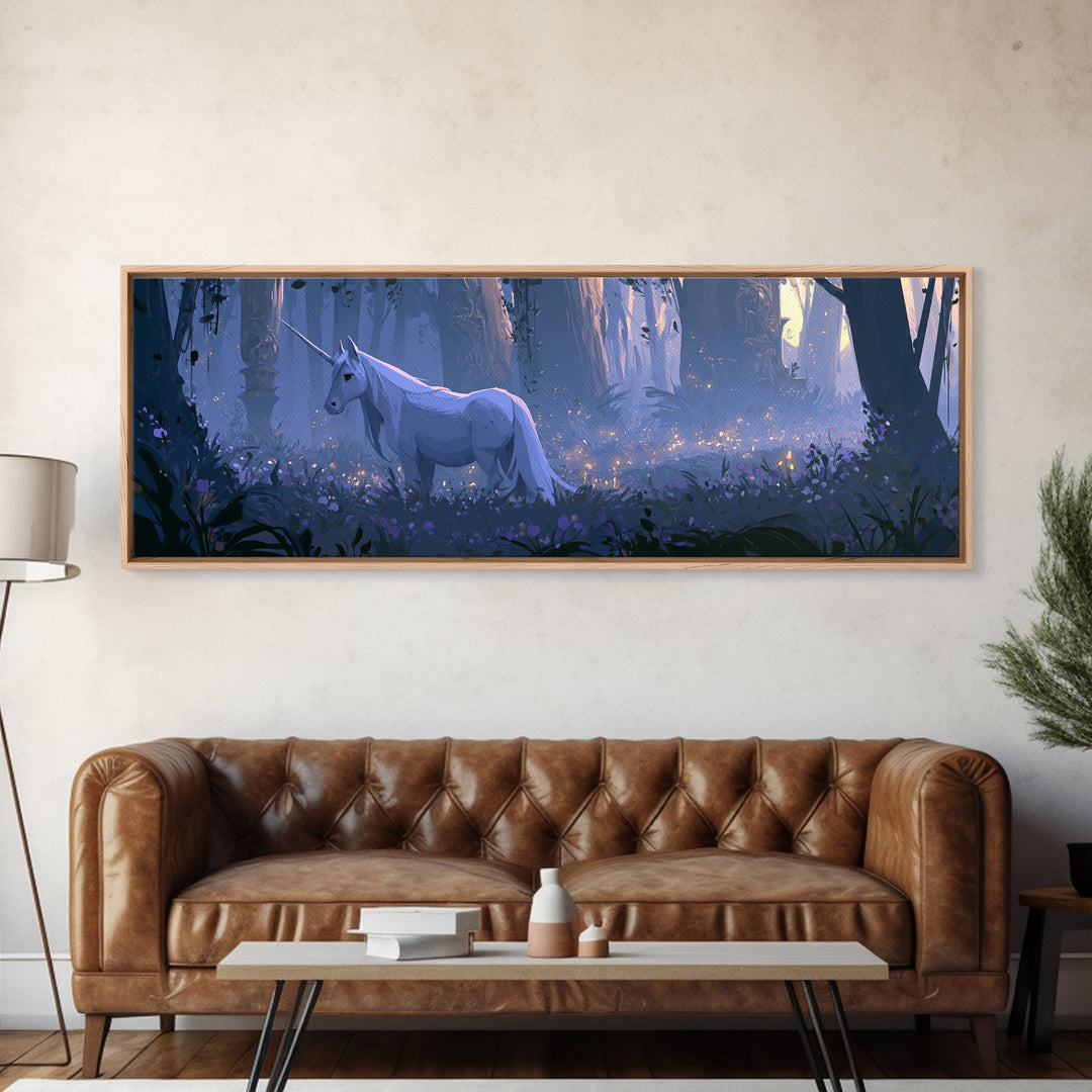 Unicorn in a Moonlit Meadow Framed Canvas Print, Fairy Tale Art, Art Nouveau, Living Room Decor, Fine Art, Storybook, FTA-3x1-2