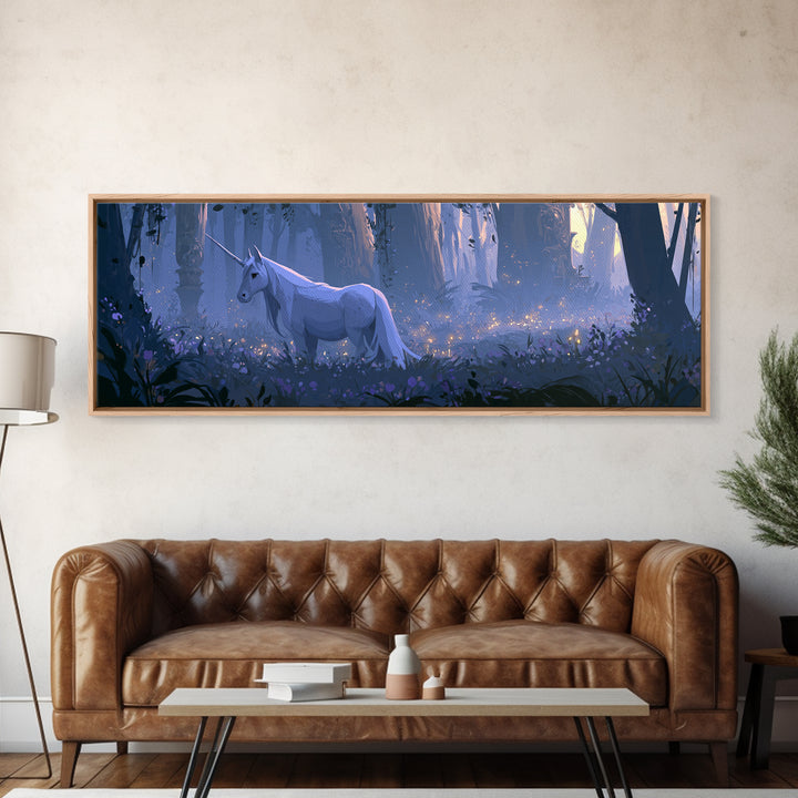 Unicorn in a Moonlit Meadow Framed Canvas Print, Fairy Tale Art, Art Nouveau, Living Room Decor, Fine Art, Storybook, FTA-3x1-2