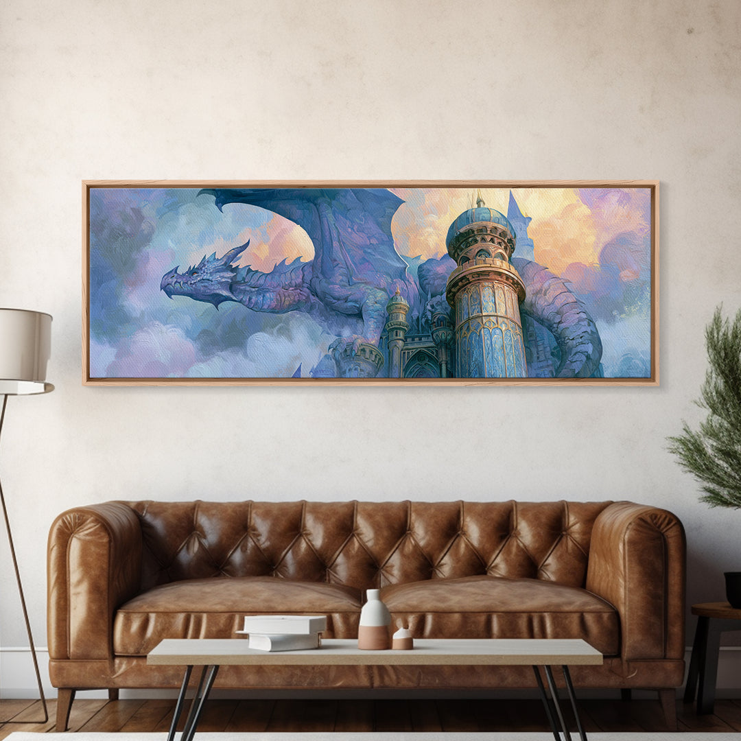 Dragon Curled Around a Jeweled Tower Canvas Print, Fairy Tale Art, Whimsical Wall Art, Living Room Decor, Fine Art, Storybook, FTA-3x1-21