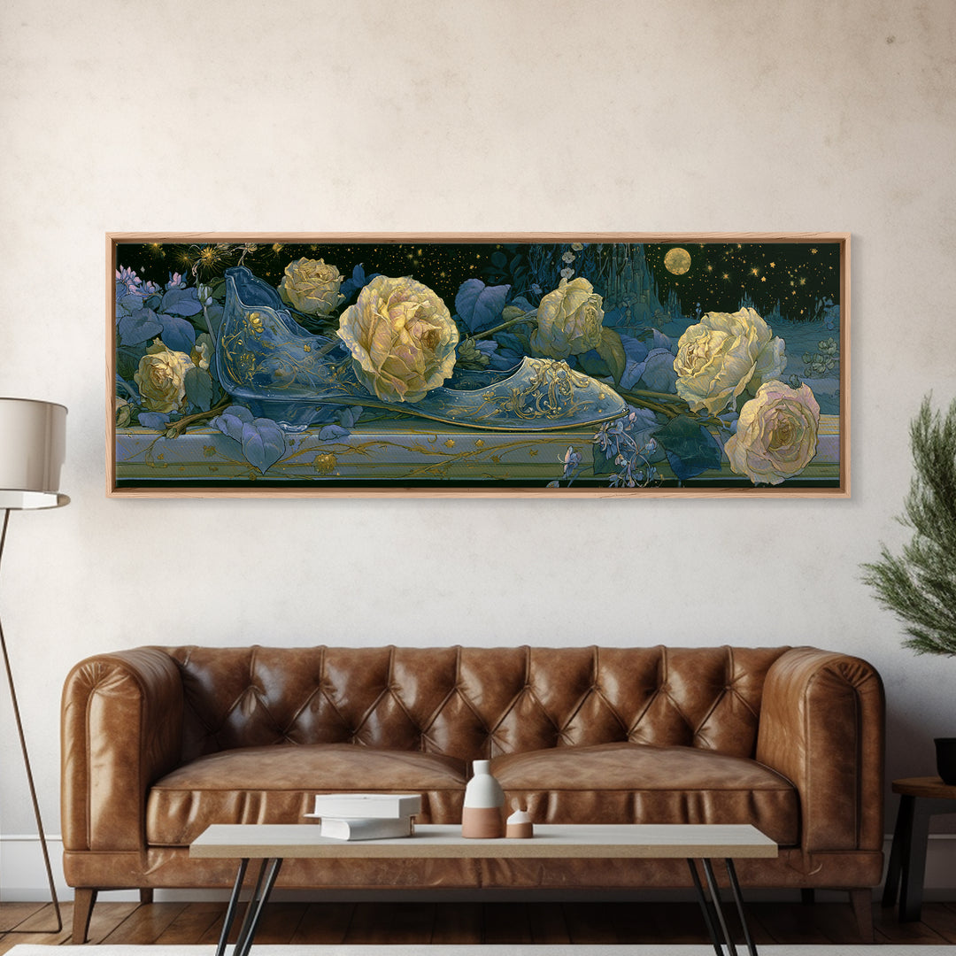 Glass Slipper Still Life Canvas Print, Fairy Tale Art, Living Room Decor, Abstract Art, Storybook, Art Nouveau, FTA-3x1-22