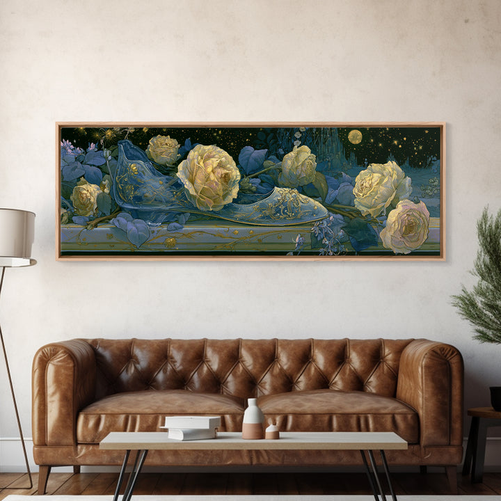 Glass Slipper Still Life Canvas Print, Fairy Tale Art, Living Room Decor, Abstract Art, Storybook, Art Nouveau, FTA-3x1-22