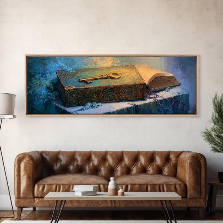 Golden Key and Enchanted Book Still Life Canvas Print, Fairy Tale Art, Kids Room Decor, Living Room Decor, Abstract Art, FTA-3x1-25