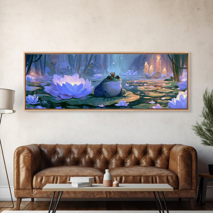 Frog Prince on a Lily Pad Framed Canvas Print, Fairy Tale Art, Textured Painting, Living Room Decor, Fine Art, Storybook, FTA-3x1-27