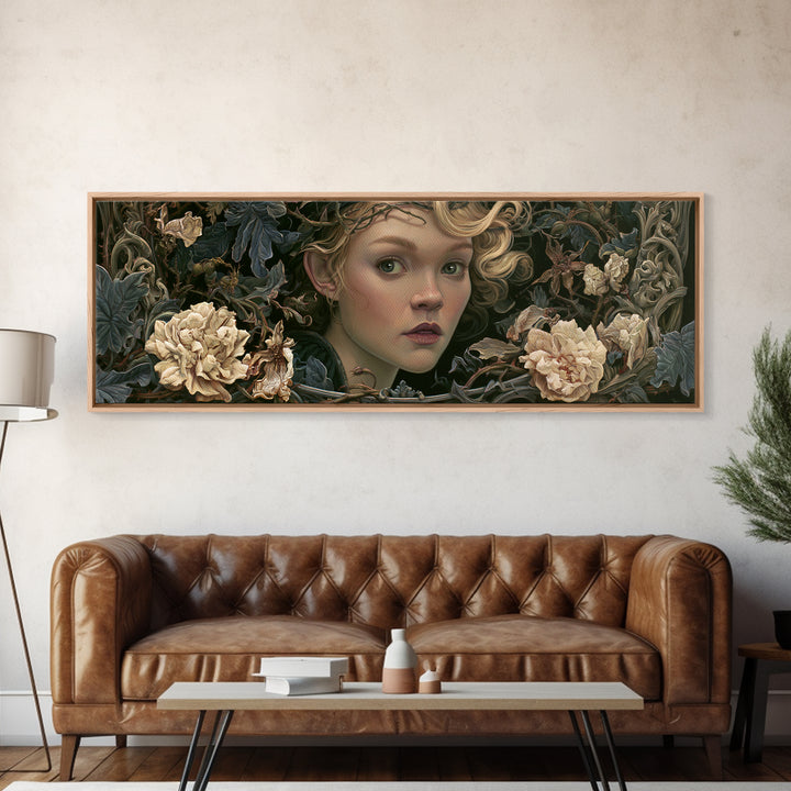 Magic Mirror Framed by Vines and Thorns Canvas Print, Fairy Tale Art, Princess Wall Art, Living Room Decor, Oil Painting, FTA-3x1-29