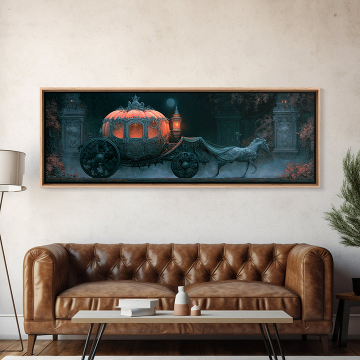 Pumpkin Carriage under Midnight Sky Framed Canvas Print, Fairy Tale Art, Art Nouveau Print, Living Room Decor, Watercolor Art, FTA-3x1-32