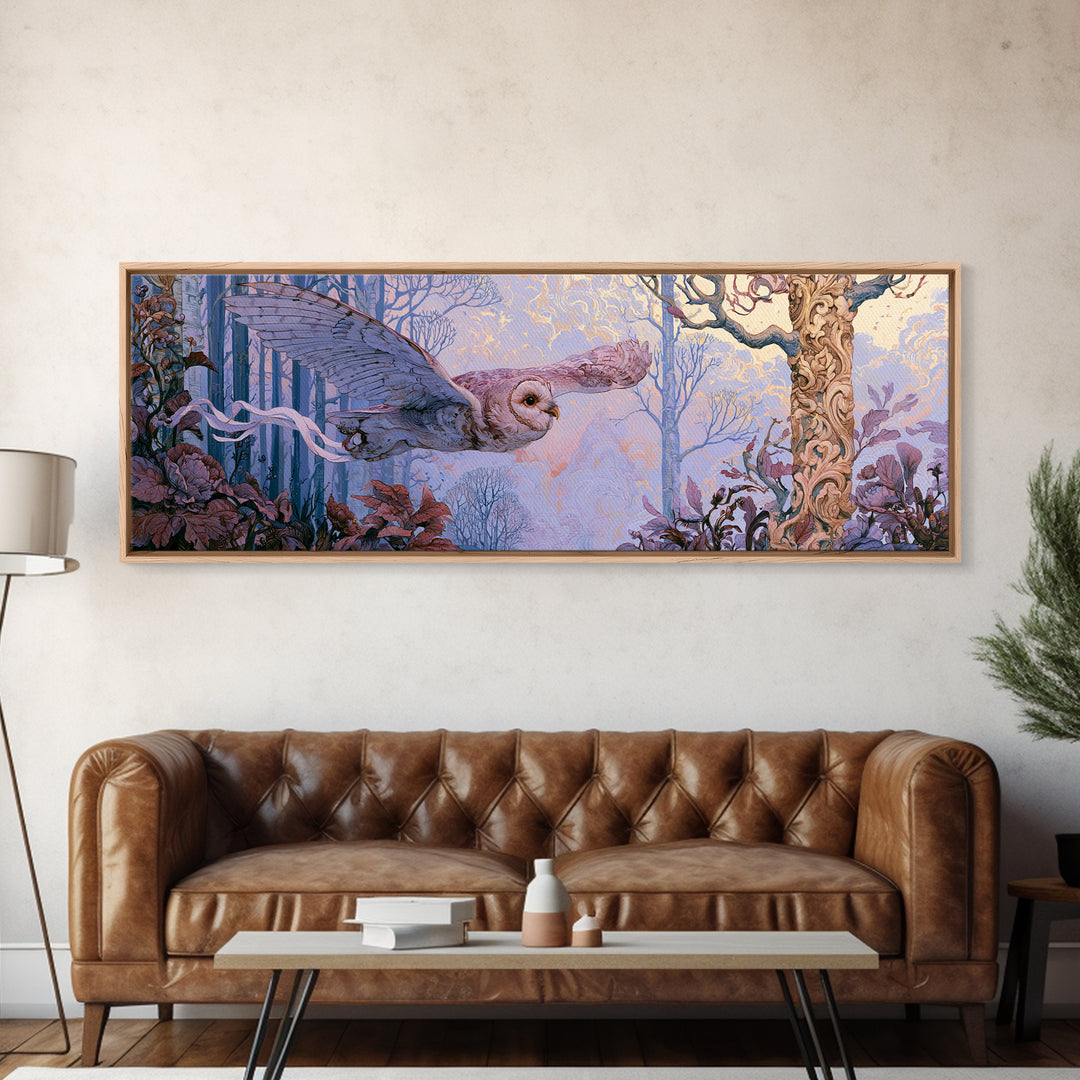 Owl Messenger Carrying a Tiny Ribbon Canvas Print, Fairy Tale Art, Dark Art, Living Room Decor, Storybook, Statement Artwork, FTA-3x1-33