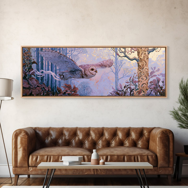 Owl Messenger Carrying a Tiny Ribbon Canvas Print, Fairy Tale Art, Dark Art, Living Room Decor, Storybook, Statement Artwork, FTA-3x1-33