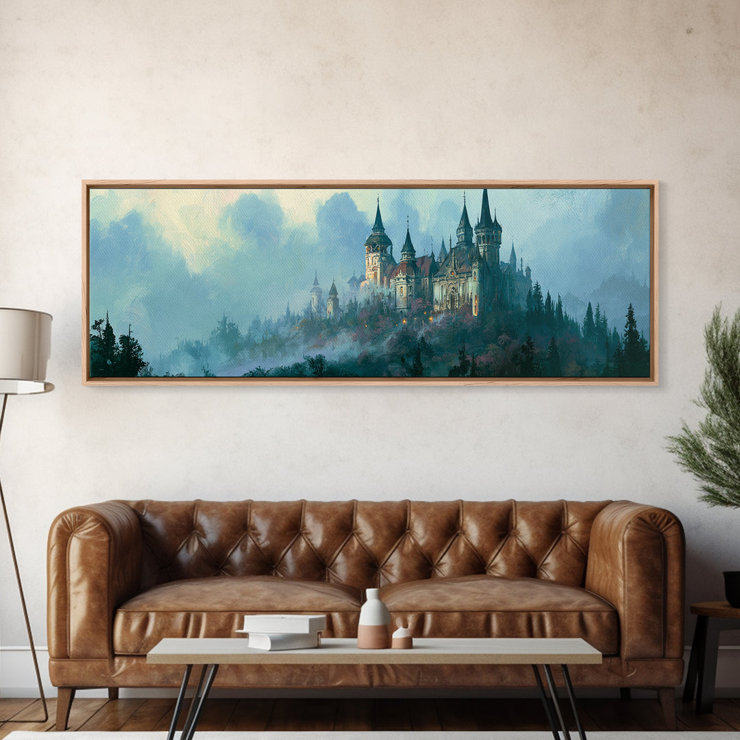 Storybook Castle on a Misty Hill Canvas Print, Fairy Tale Art, Whimsical Art, Living Room Decor, Fine Art, Storybook, FTA-3x1-42