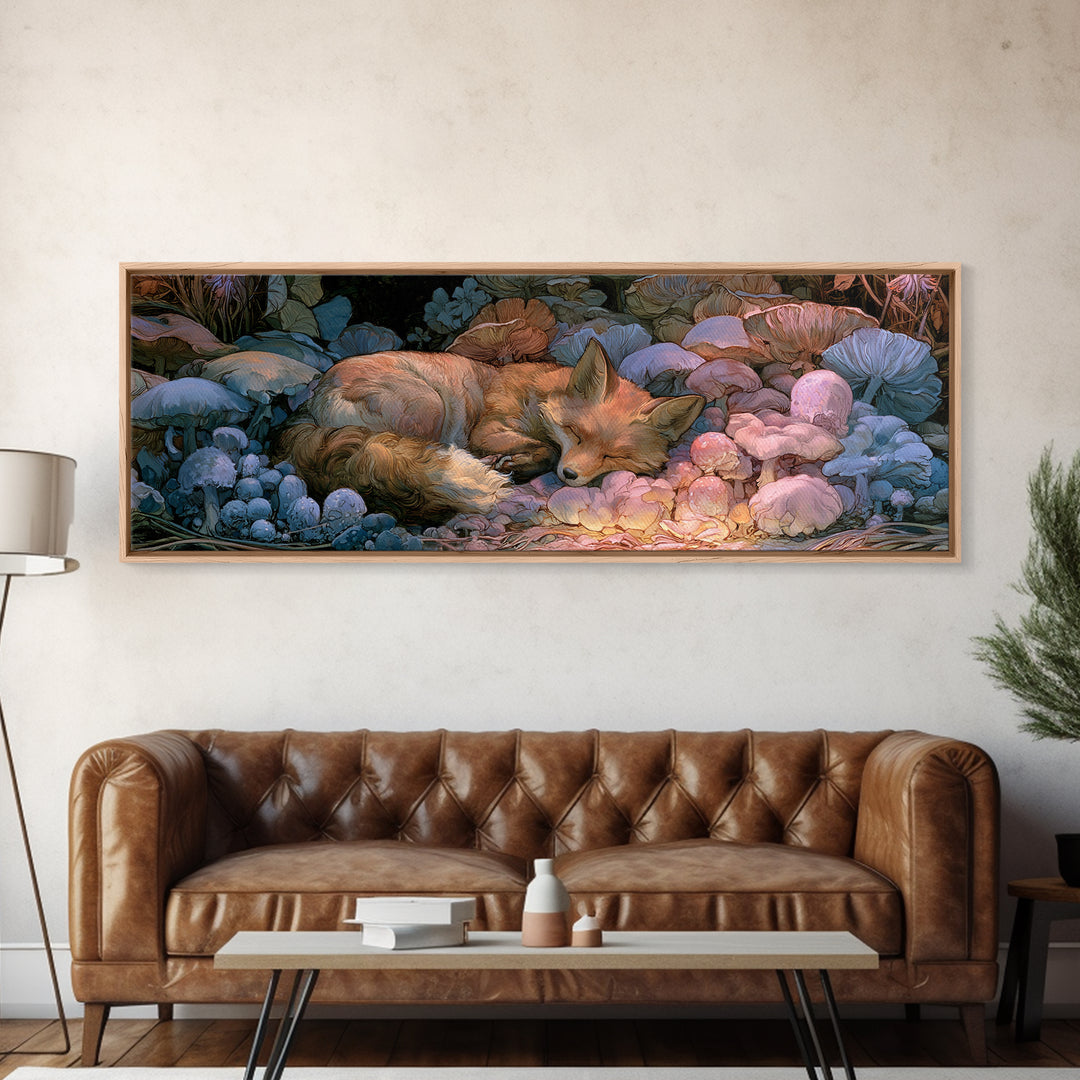 Sleeping Fox Beside a Magical Mushroom Ring Canvas Print, Fairy Tale Art, Printable Wall Art, Living Room Decor, Storybook, FTA-3x1-43