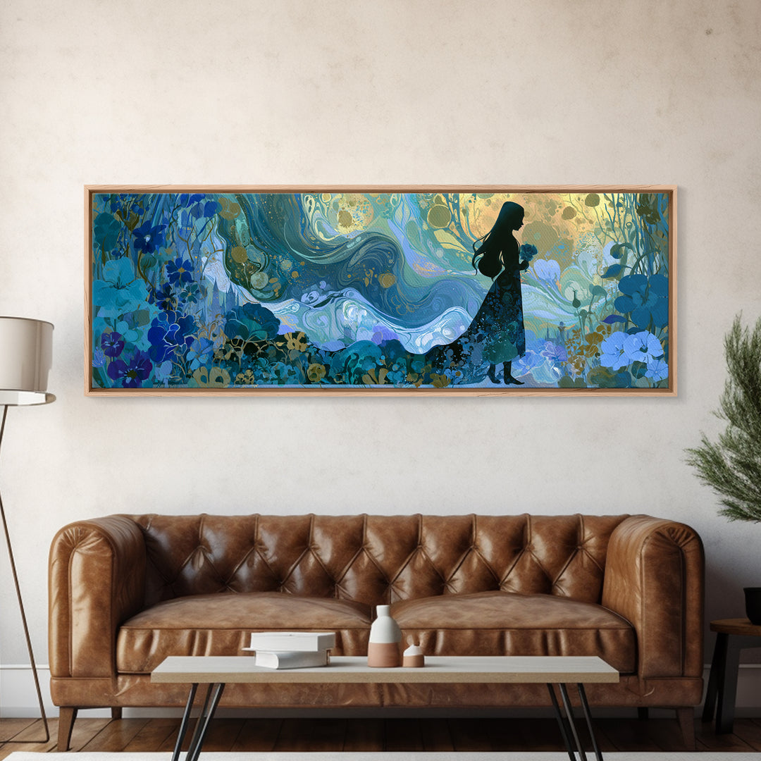 Princess Silhouette with Moonlit Garden Flowers Canvas Print, Fairy Tale Art, Modern Decor, Living Room Decor, Storybook, FTA-3x1-44